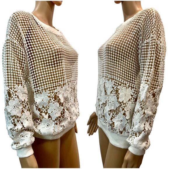 Bobeau White Floral Crochet Sheer Pullover Sweater | M - Picture 3 of 6
